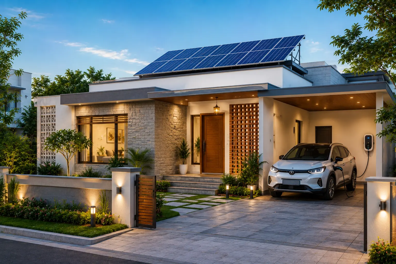 Residential rooftop solar panel installation on modern home