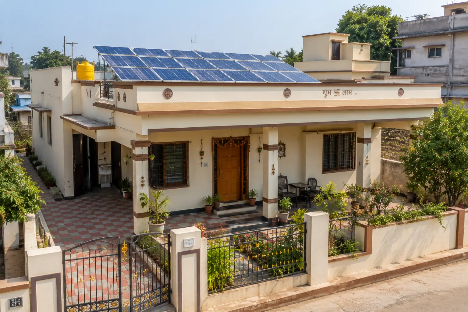 Beautiful modern home with sleek rooftop solar panels installed