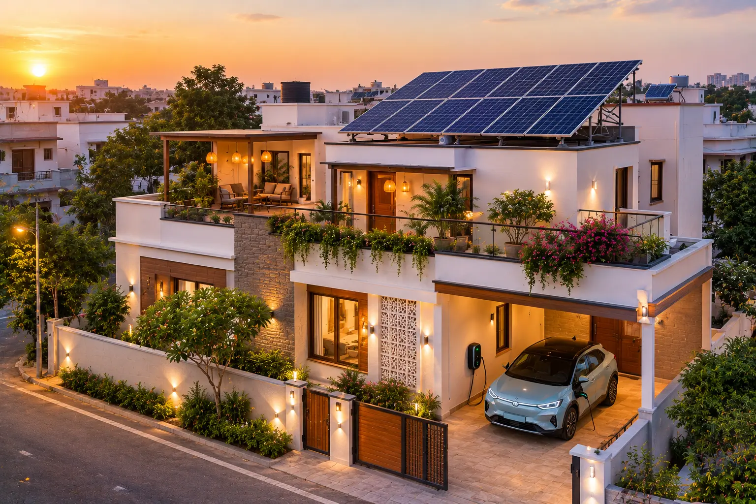 Happy family enjoying solar-powered home with reduced electricity bills