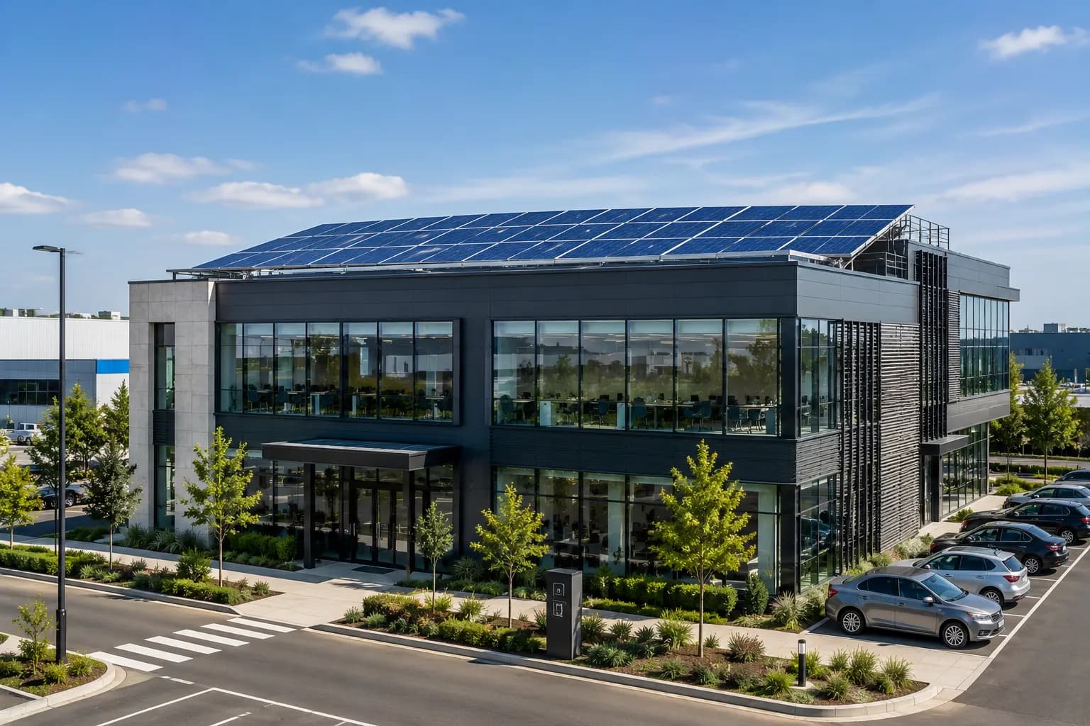 Commercial solar panel installation on office building