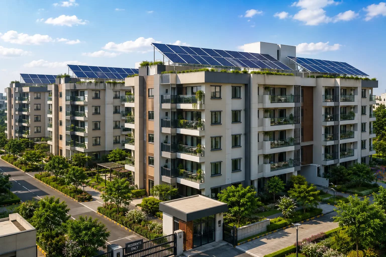 Solar panel installation on housing society apartment building